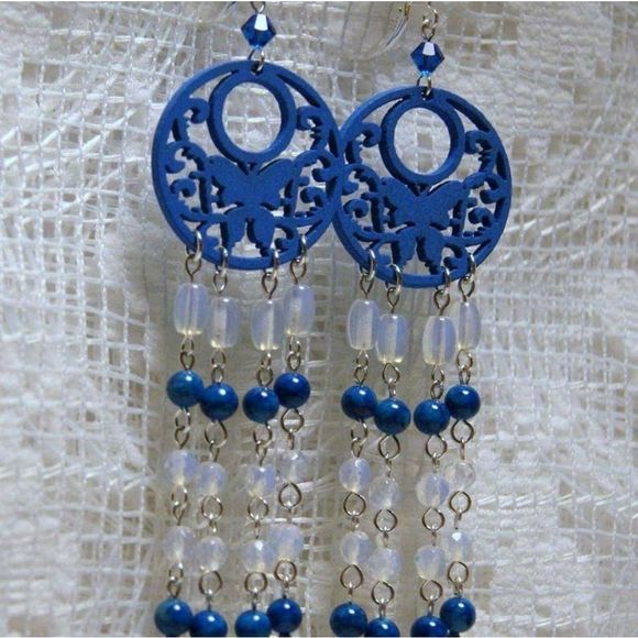 Handmade Blue Wooden Butterflies, Opalite, & Fossil Stone Chandelier Earrings - Picture 5 of 5